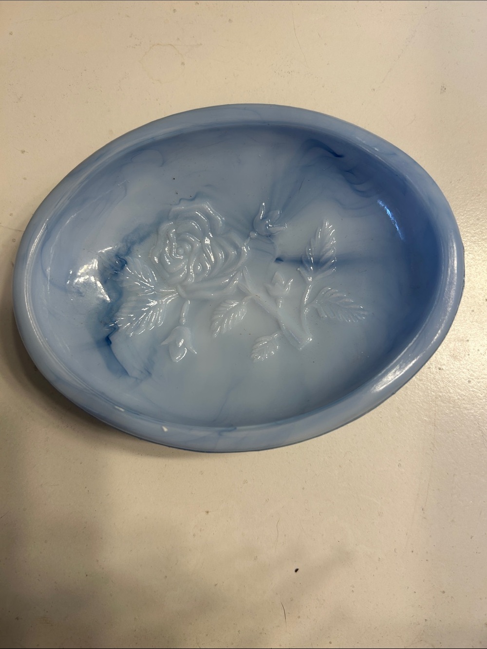 Vintage Avon Light Blue and White Marbled Glass Rose soap dish